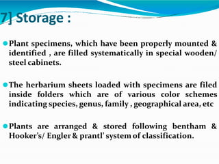 7] Storage :
⚫Plant specimens, which have been properly mounted &
identified , are filled systematically in special wooden/
steel cabinets.
⚫The herbarium sheets loaded with specimens are filed
inside folders which are of various color schemes
indicating species, genus, family , geographical area, etc
⚫Plants are arranged & stored following bentham &
Hooker’s/ Engler & prantl’ system of classification.
 