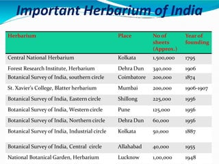 Important Herbarium of India
Herbarium Place No of
sheets
(Approx.)
Year of
founding
Central National Herbarium Kolkata 1,500,000 1795
Forest Research Institute, Herbarium Dehra Dun 340,000 1906
Botanical Survey of India, southern circle Coimbatore 200,000 1874
St. Xavier’s College, Blatter herbarium Mumbai 200,000 1906-1907
Botanical Survey of India, Eastern circle Shillong 225,000 1956
Botanical Survey of India, Western circle Pune 125,000 1956
Botanical Survey of India, Northern circle Dehra Dun 60,000 1956
Botanical Survey of India, Industrial circle Kolkata 50,000 1887
Botanical Survey of India, Central circle Allahabad 40,000 1955
National Botanical Garden, Herbarium Lucknow 1,00,000 1948
 