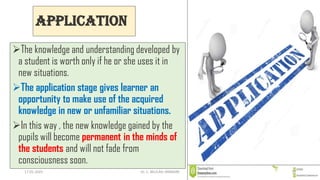 Application
The knowledge and understanding developed by
a student is worth only if he or she uses it in
new situations.
The application stage gives learner an
opportunity to make use of the acquired
knowledge in new or unfamiliar situations.
In this way , the new knowledge gained by the
pupils will become permanent in the minds of
the students and will not fade from
consciousness soon.
17-01-2022 Dr. C. BEULAH JAYARANI 15
 