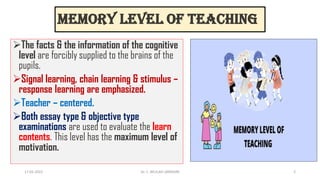 Memory Level of Teaching
The facts & the information of the cognitive
level are forcibly supplied to the brains of the
pupils.
Signal learning, chain learning & stimulus –
response learning are emphasized.
Teacher – centered.
Both essay type & objective type
examinations are used to evaluate the learn
contents. This level has the maximum level of
motivation.
17-01-2022 Dr. C. BEULAH JAYARANI 2
 