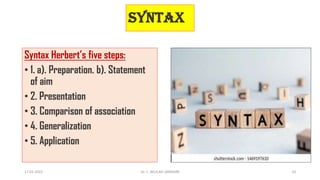 Syntax
Syntax Herbert’s five steps:
• 1. a). Preparation. b). Statement
of aim
• 2. Presentation
• 3. Comparison of association
• 4. Generalization
• 5. Application
17-01-2022 Dr. C. BEULAH JAYARANI 10
 