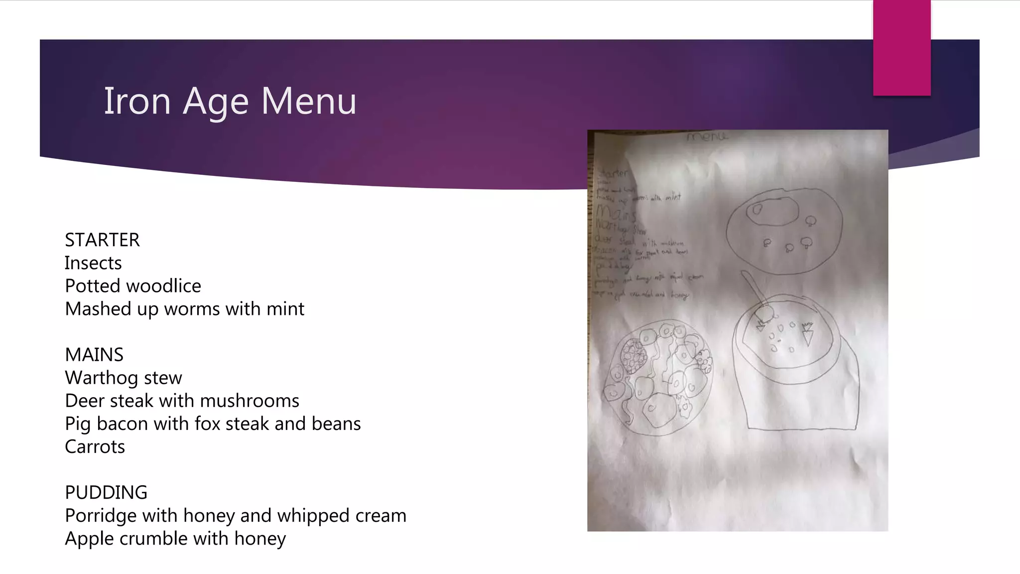 Iron Age Menu
STARTER
Insects
Potted woodlice
Mashed up worms with mint
MAINS
Warthog stew
Deer steak with mushrooms
Pig bacon with fox steak and beans
Carrots
PUDDING
Porridge with honey and whipped cream
Apple crumble with honey
