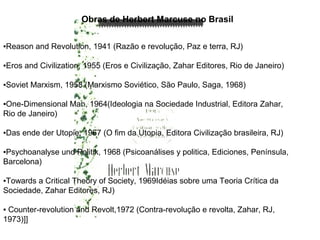 Obras de Herbert Marcuse no Brasil
▪Reason and Revolution, 1941 (Razão e revolução, Paz e terra, RJ)
▪Eros and Civilization, 1955 (Eros e Civilização, Zahar Editores, Rio de Janeiro)
▪Soviet Marxism, 1958 (Marxismo Soviético, São Paulo, Saga, 1968)
▪One-Dimensional Man, 1964(Ideologia na Sociedade Industrial, Editora Zahar,
Rio de Janeiro)
▪Das ende der Utopie, 1967 (O fim da Utopia, Editora Civilização brasileira, RJ)
▪Psychoanalyse und Politik, 1968 (Psicoanálises y politica, Ediciones, Península,
Barcelona)
▪Towards a Critical Theory of Society, 1969Idéias sobre uma Teoria Crítica da
Sociedade, Zahar Editores, RJ)
▪ Counter-revolution and Revolt,1972 (Contra-revolução e revolta, Zahar, RJ,
1973)]]
 