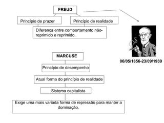 FREUD
Princípio de prazer Princípio de realidade
Diferença entre comportamento não-
reprimido e reprimido.
MARCUSE
Princípio de desempenho
Atual forma do princípio de realidade
Sistema capitalista
Exige uma mais variada forma de repressão para manter a
dominação.
06/05/1856-23/09/1939
 