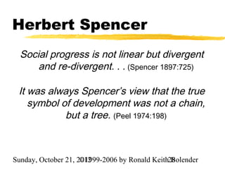 Herbert Spencer
  Social progress is not linear but divergent
      and re-divergent. . . (Spencer 1897:725)

 It was always Spencer’s view that the true
    symbol of development was not a chain,
            but a tree. (Peel 1974:198)



Sunday, October 21, 2012
                     ©1999-2006 by Ronald Keith28
                                                Bolender
 