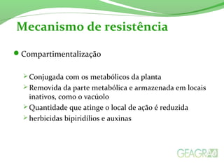 Compartimentalização
 Conjugada com os metabólicos da planta
 Removida da parte metabólica e armazenada em locais
inativos, como o vacúolo
 Quantidade que atinge o local de ação é reduzida
 herbicidas bipiridílios e auxinas
Mecanismo de resistência
 