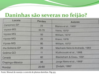 Daninhas são severas no feijão?
Fonte: Manual de manejo e controle de plantas daninhas. Pág 455
 