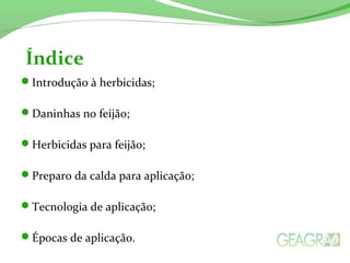 Introdução à herbicidas;
Daninhas no feijão;
Herbicidas para feijão;
Preparo da calda para aplicação;
Tecnologia de aplicação;
Épocas de aplicação.
Índice
 
