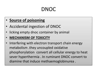 DNOC
• Source of poisoning
• Accidental ingestion of DNOC
• licking empty dnoc container by animal
• MECHANISM OF TOXICITY
• Interfering with electron transport chain energy
metabolism .they uncoupled oxidative
phosphorylation convert all cellular energy to heat
sever hyperthermia . In ruminant DNOC convert to
diamine that induce methaemoglobinurea .
 