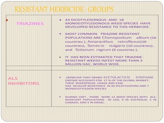 RESISTANT HERBICIDE- GROUPS

TRIAZINES
 43 DICOTYLEDONOUS AND 18
MONOCOTYLEDONOUS WEED SPECIES HAVE
DEVELOPED RESISTANCE TO THIS HERBICIDE.
 MOST COMMON TRIAZINE-RESISTANT
POPULATIONS ARE Chenopodium album (16
countries ), Amaranthus retroflexus(10
countries), Senecio vulgaris (10 countries) ,
and Solanum nigrum (9 countries ).
 IT HAS BEEN ESTIMATED THAT TRIAZINE-
RESISTANT WEEDS INFEST MORE THAN 3
MILLION HAC. WORLD WIDE.
ALS
INHIBITORS
 HERBICIDE THAT INHIBIT ACETOLACTATE SYNTHASE
ENZYME ACCOUNTS FOR 17 % OF THE GLOBAL MARKET,
THEIR WIDESPREAD USAGE AND EASE
HAS DEVELOP RESISTANCE IN 26 DICOTYLEDONS AND 7
MONOCOTYLEDON SPECIES.
 DURING 1997 , THERE WERE 13 WEED SPECIES WITH ALS-
RESISTANT POPULATIONS IN USA, 9 IN AUSTRALIA, 5 IN
CANADA, AND 5 IN ISRAEL.
 