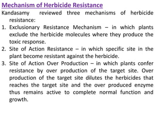 Mechanism of Herbicide Resistance
Kandasamy reviewed three mechanisms of herbicide
resistance:
1. Exclusionary Resistance Mechanism – in which plants
exclude the herbicide molecules where they produce the
toxic response.
2. Site of Action Resistance – in which specific site in the
plant become resistant against the herbicide.
3. Site of Action Over Production – in which plants confer
resistance by over production of the target site. Over
production of the target site dilutes the herbicides that
reaches the target site and the over produced enzyme
thus remains active to complete normal function and
growth.
 