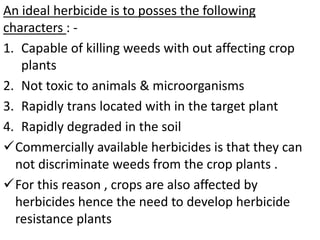 An ideal herbicide is to posses the following
characters : -
1. Capable of killing weeds with out affecting crop
plants
2. Not toxic to animals & microorganisms
3. Rapidly trans located with in the target plant
4. Rapidly degraded in the soil
Commercially available herbicides is that they can
not discriminate weeds from the crop plants .
For this reason , crops are also affected by
herbicides hence the need to develop herbicide
resistance plants
 