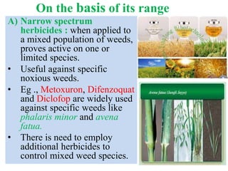 On the basis of time of application
A) Pre-plant applied : such
herbicides are applied before
planting of crop in the fiel...