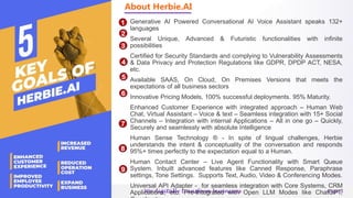 © www.herbie.ai | sales@herbie.ai We digitally transform businesses Page 3
Generative AI Powered Conversational AI Voice Assistant speaks 132+
languages
Several Unique, Advanced & Futuristic functionalities with infinite
possibilities
Certified for Security Standards and complying to Vulnerability Assessments
& Data Privacy and Protection Regulations like GDPR, DPDP ACT, NESA,
etc.
Available SAAS, On Cloud, On Premises Versions that meets the
expectations of all business sectors
Innovative Pricing Models, 100% successful deployments. 95% Maturity.
Enhanced Customer Experience with integrated approach – Human Web
Chat, Virtual Assistant – Voice & text – Seamless integration with 15+ Social
Channels – Integration with internal Applications – All in one go – Quickly,
Securely and seamlessly with absolute Intelligence
Human Sense Technology ® - In spite of lingual challenges, Herbie
understands the intent & conceptuality of the conversation and responds
95%+ times perfectly to the expectation equal to a Human.
Human Contact Center – Live Agent Functionality with Smart Queue
System. Inbuilt advanced features like Canned Response, Paraphrase
settings, Tone Settings. Supports Text, Audio, Video & Conferencing Modes.
Universal API Adapter - for seamless integration with Core Systems, CRM
Applications, etc. Pre-Integrated with Open LLM Modes like ChatGPT,
1
2
3
4
5
6
7
8
9
About Herbie.AI
 