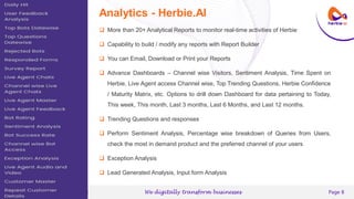 © www.herbie.ai | sales@herbie.ai We digitally transform businesses Page 8
V
Analytics - Herbie.AI
 More than 20+ Analytical Reports to monitor real-time activities of Herbie
 Capability to build / modify any reports with Report Builder
 You can Email, Download or Print your Reports
 Advance Dashboards – Channel wise Visitors, Sentiment Analysis, Time Spent on
Herbie, Live Agent access Channel wise, Top Trending Questions, Herbie Confidence
/ Maturity Matrix, etc. Options to drill down Dashboard for data pertaining to Today,
This week, This month, Last 3 months, Last 6 Months, and Last 12 months.
 Trending Questions and responses
 Perform Sentiment Analysis, Percentage wise breakdown of Queries from Users,
check the most in demand product and the preferred channel of your users
 Exception Analysis
 Lead Generated Analysis, Input form Analysis
V
 