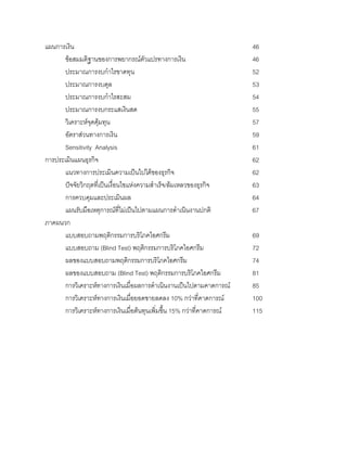 แผนการเงิน 46
ขอสมมติฐานของการพยากรณตัวแปรทางการเงิน 46
ประมาณการงบกําไรขาดทุน 52
ประมาณการงบดุล 53
ประมาณการงบกําไรสะสม 54
ประมาณการงบกระแสเงินสด 55
วิเคราะหจุดคุมทุน 57
อัตราสวนทางการเงิน 59
Sensitivity Analysis 61
การประเมินแผนธุรกิจ 62
แนวทางการประเมินความเปนไปไดของธุรกิจ 62
ปจจัยวิกฤตที่เปนเงื่อนไขแหงความสําเร็จ/ลมเหลวของธุรกิจ 63
การควบคุมและประเมินผล 64
แผนรับมือเหตุการณที่ไมเปนไปตามแผนการดําเนินงานปกติ 67
ภาคผนวก
แบบสอบถามพฤติกรรมการบริโภคไอศกรีม 69
แบบสอบถาม (Blind Test) พฤติกรรมการบริโภคไอศกรีม 72
ผลของแบบสอบถามพฤติกรรมการบริโภคไอศกรีม 74
ผลของแบบสอบถาม (Blind Test) พฤติกรรมการบริโภคไอศกรีม 81
การวิเคราะหทางการเงินเมื่อผลการดําเนินงานเปนไปตามคาดการณ 85
การวิเคราะหทางการเงินเมื่อยอดขายลดลง 10% กวาที่คาดการณ 100
การวิเคราะหทางการเงินเมื่อตนทุนเพิ่มขึ้น 15% กวาที่คาดการณ 115
 