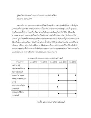 ผูที่จะมีสวนรับผิดชอบในการดําเนินการพัฒนาผลิตภัณฑไดแก
คุณสุวิทย ลีลานันทกิจ
นอกเหนือจากการออกแบบและพัฒนาตัวไอศกรีมเองแลว ทางคณะผูกอตั้งยังใหความสําคัญกับ
บรรจุภัณฑที่จะเปนตัวสรางจุดขายใหกับสินคาเนื่องจากวิเคราะหวาประเทศไทยอยูในแถบที่มีภูมิอากาศ
รอนเกือบตลอดทั้งป การที่บรรจุภัณฑไมสามารถเก็บรักษาความเย็นของไอศกรีมไวได ทําใหไอศกรีม
ละลายอยางรวดเร็ว ผลตามมาคือไอศกรีมจะไมอรอย และบางครั้งทําใหเลอะ เปรอะเปอนในขณะที่รับ
ประทาน ผูกอตั้งจึงคิดที่จะใชผลิตภัณฑที่สามารถรักษาสภาพไอศกรีมไวไดใหนานที่สุด โดยจะออกแบบให
มีชองเก็บนํ้าแข็งแหงบนตัวบรรจุภัณฑ ซึ่งนํ้าแข็งแหงนี้จะเปนตัวที่ใหความเย็นแกไอศกรีม และอยูไดนาน
กวากอนนํ้าแข็งในนํ้าหนักเทากัน แตขอควรระวังคืออันตรายที่อาจจะเกิดขึ้นหากผูบริโภคที่เปนเด็กเล็กนํา
ออกมาจากชองเก็บเพื่อนํามาเลน ดังนั้นจึงตองมีการออกแบบใหมีความปลอดภัยโดยไมใหสามารถแกะนํ้า
แข็งแหงออกมาได หรือนํ้าแข็งแหงมีจํานวนนอยจนไมกอใหเกิดอันตราย
กําหนดการเริ่มออกแบบและพัฒนาผลิตภัณฑเปนดังนี้
กําหนดการ ม.ค. 2545 ก.พ. 2545 มี.ค. 2545 เม.ย. 2545 พ.ค. 2545
มหาวิทยาลัย
เกษตรศาสตรทําการ
พัฒนาผลิตภัณฑ
ทดลองทําตามสูตร
ทดสอบการยอมรับใน
รสชาติ
ออกแบบและพัฒนา
บรรจุภัณฑ
ทดสอบการใชงาน
บรรจุภัณฑ
ภาพที่ 8 แสดงกําหนดการพัฒนาผลิตภัณฑ
 