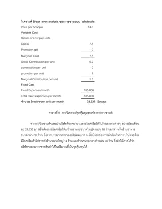 วิเคราะห Break even analysis ของการขายแบบ Wholesale
Price per Scoope 14.0
Variable Cost
Details of cost per units
COGS 7.8
Promotion gift 0
Marginal Cost 7.8
Gross Contribution per unit 6.2
commission per unit 0
promotion per unit 1
Marginal Contribution per unit 5.5
Fixed Cost
Fixed Expenses/month 185,000
Total fixed expenses per month 185,000
จํานวน Break-even unit per month 33,636 Scoops
ตารางที่ 8 การวิเคราะหจุดคุมทุนของชองทางการขายสง
จากการวิเคราะหจะพบวาบริษัทตองพยายามขายไอศกรีมใหกับรานอาหารตางๆ อยางนอยเดือน
ละ 33,636 ลูก หรือตองขายไอศกรีมใหแกรานอาหารขนาดใหญจํานวน 18 รานอาหารหรือรานอาหาร
ขนาดกลาง 32 ราน ซึ่งจากประมาณการของบริษัทพบวา ณ สิ้นปแรกของการดําเนินกิจการ บริษัทจะตอง
มีไอศกรีมเขาไปขายยังรานขนาดใหญ 14 ราน และรานขนาดกลางจํานวน 26 ราน ซึ่งทําใหคาดไดวา
บริษัทจะสามารถขายสินคาไดในปริมาณที่เปนจุดคุมทุนได
 
