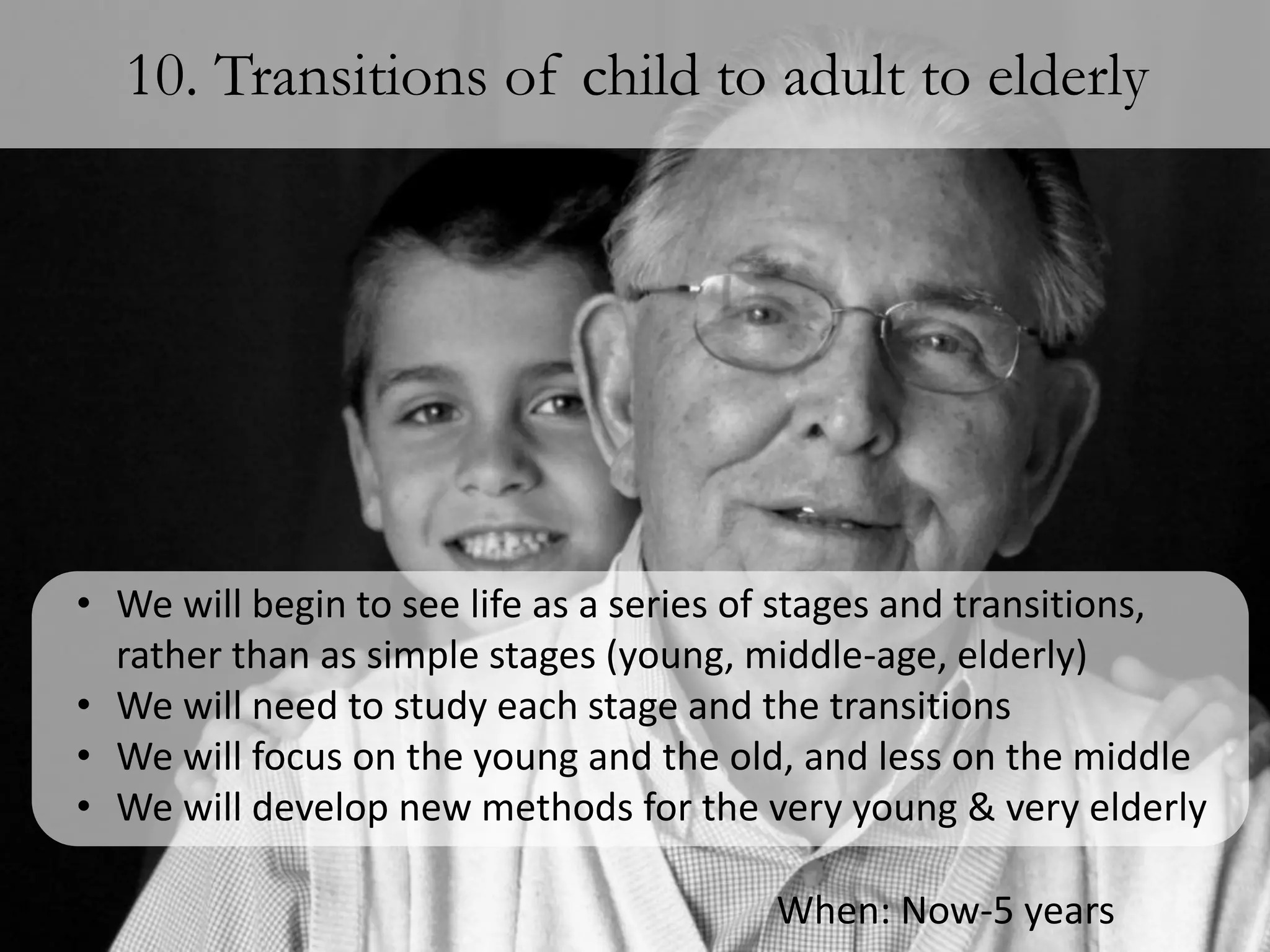 10. Transitions of child to adult to elderly




• We will begin to see life as a series of stages and transitions,
  rather than as simple stages (young, middle-age, elderly)
• We will need to study each stage and the transitions
• We will focus on the young and the old, and less on the middle
• We will develop new methods for the very young & very elderly

                                        When: Now-5 years
 