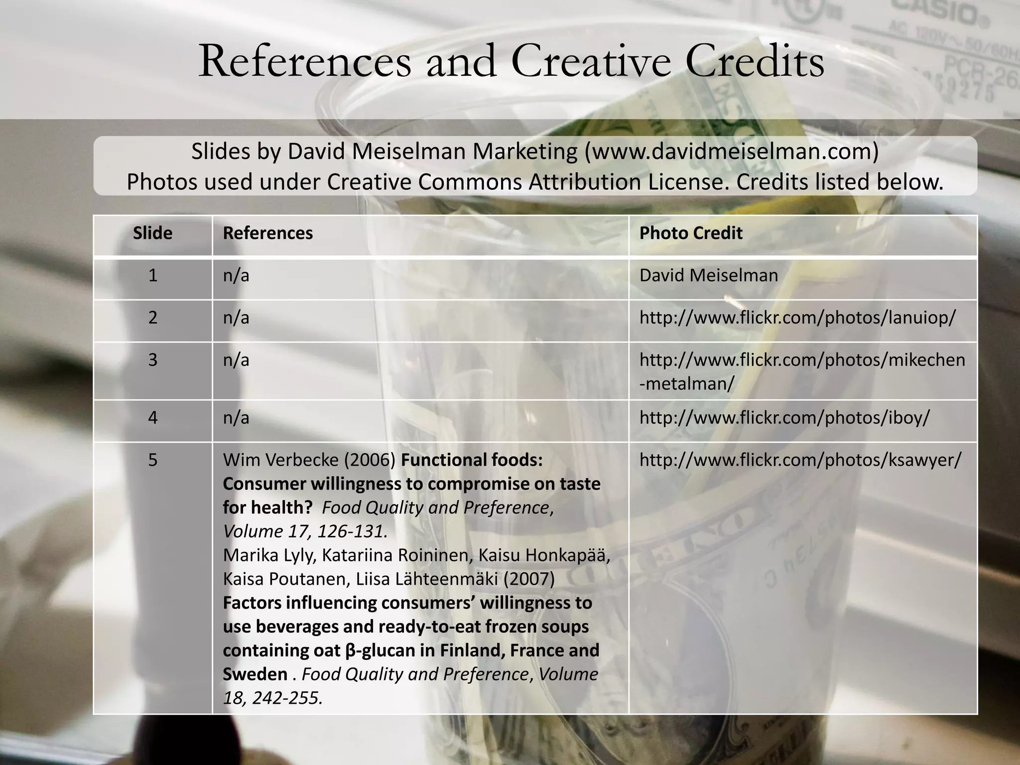 References and Creative Credits
     Slides by David Meiselman Marketing (www.davidmeiselman.com)
Photos used under Creative Commons Attribution License. Credits listed below.
Slide    References                                         Photo Credit

  1      n/a                                                David Meiselman

  2      n/a                                                http://www.flickr.com/photos/lanuiop/

  3      n/a                                                http://www.flickr.com/photos/mikechen
                                                            -metalman/
  4      n/a                                                http://www.flickr.com/photos/iboy/

  5      Wim Verbecke (2006) Functional foods:              http://www.flickr.com/photos/ksawyer/
         Consumer willingness to compromise on taste
         for health? Food Quality and Preference,
         Volume 17, 126-131.
         Marika Lyly, Katariina Roininen, Kaisu Honkapää,
         Kaisa Poutanen, Liisa Lähteenmäki (2007)
         Factors influencing consumers’ willingness to
         use beverages and ready-to-eat frozen soups
         containing oat β-glucan in Finland, France and
         Sweden . Food Quality and Preference, Volume
         18, 242-255.
 