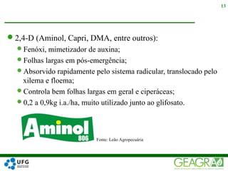 2,4-D (Aminol, Capri, DMA, entre outros):
Fenóxi, mimetizador de auxina;
Folhas largas em pós-emergência;
Absorvido rapidamente pelo sistema radicular, translocado pelo
xilema e floema;
Controla bem folhas largas em geral e ciperáceas;
0,2 a 0,9kg i.a./ha, muito utilizado junto ao glifosato.
13
Fonte: Leão Agropecuária
 
