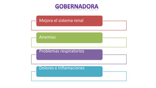 Mejora el sistema renal
Anemias
Problemas respiratorios
Dolores e inflamaciones
 