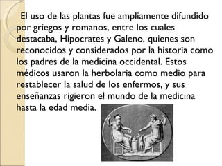 El uso de las plantas fue ampliamente difundido por griegos y romanos, entre los cuales destacaba, Hipocrates y Galeno, quienes son reconocidos y considerados por la historia como los padres de la medicina occidental. Estos médicos usaron la herbolaria como medio para restablecer la salud de los enfermos, y sus enseñanzas rigieron el mundo de la medicina hasta la edad media.  