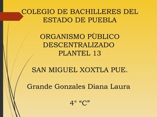 COLEGIO DE BACHILLERES DEL
ESTADO DE PUEBLA
ORGANISMO PÙBLICO
DESCENTRALIZADO
PLANTEL 13
SAN MIGUEL XOXTLA PUE.
Grande Gonzales Diana Laura
4° “C”
 