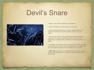 Devil’s Snare
- Native to the Scottish highlands and lowlands.
- Grows in all damp and dark areas such as caves.
- Has long thick tendrils that are usually swinging about, and
despite the darkness, they are actually a bright vivid green
colour.
- They are also known as the assassination plant, getting this
name due to it’s nature of grabbing victims as they are not
suspecting it, wrapping them up tightly and squeezing them to
death.
- To escape, one must not move in the grip of this plant and it will
simply drop you. And if you have an opportunity, use a spell such
as Lumos Solem to keep it from sneaking up on you again.
- FIRST AID: If someone has suffocated from this plant, use the
reviving spell Rennervate or Anepneo if they have choked on
their tongue.
 