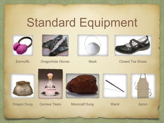 Standard Equipment
Earmuffs Dragonhide Gloves Mask Closed Toe Shoes
Dragon Dung Centaur Tears Mooncalf Dung Wand Apron
 