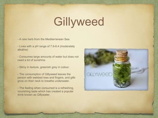 Gillyweed
- A rare herb from the Mediterranean Sea.
- Lives with a pH range of 7.9-8.4 (moderately
alkaline)
- Consumes large amounts of water but does not
need a lot of sunshine.
- Slimy in texture, greenish grey in colour.
- The consumption of Gillyweed leaves the
person with webbed toes and fingers, and gills
grow on their neck to breathe underwater.
- The feeling when consumed is a refreshing,
nourishing taste which has created a popular
drink known as Gillywater.
 