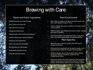 Brewing with Care
Plants and Potion Ingredients
● Mistletoe Berries and Poppy Heads
● Rose Thorns and Rose Oil
● Asphodel and Fluxweed
● Lovage and Motherwort
● Nettle and Aconite/monkshood/wolfsbane
● Valerian Sprigs and Leaping Toadstool
● Knotgrass and Peppermint
● Root of Aconite and Shrivelfigs
● Nux Myristica and Silverweed
● Snakeweed and Moonstone
● Starpuffs and Wormwood
Plant Environment
● Each plant is unique in the same way that humans are,
they need different things to thrive.
● Certain habitats will only be suitable to one type of plant
versus another.
● Different plants need different amounts of water, sunlight,
and types of fertilizer.
● Soil and the depth of the plant seed play an important
role in the plant's development as well as repotting.
Plant Specifics
● Starpuffs have a hypnotic quality while Moonstone
causes drowsiness.
● Wormwood and Asphodel can be used to make a very
powerful potion called the Draught of Living Death.
● Mistletoe Berries cause hallucinations while Valerian
Sprigs are used as a sedative, perfect for the
Forgetfulness Potion.
● Plants are chosen for potions based on their properties.
Healers would use non-toxic plants that have healing
powers, while flowers might be used in beauty potions.
 