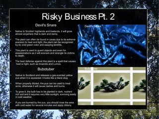 Risky BusinessPt. 2
Devil's Snare
● Native to Scottish highlands and lowlands, it will grow
almost anywhere that is dark and damp.
● The plant can often be found in caves due to its extreme
aversion to heat and light, the plant can be recognized
by its vivid green color and swaying tendrils.
● This plant is used to guard objects and even for
assassinations as it will ensnare and strangle its victims
to death.
● The best defense against this plant is a spell that causes
heat or light, such as Incendio and Lumos.
Devil's Snare
BubotuberBubotuber
● Native to Scotland and releases a gas-scented yellow
pus when it is squeezed; it looks like a black slug.
● When properly diluted, the pus can be used to treat
acne, otherwise it will cause rashes and burns.
● To grow it, the bulb has to be planted in dark, nutrient
rich soil and it requires very little sunlight, surviving easily
in cold weather.
● If you are burned by the pus, you should rinse the area
with cold water for several minutes and apply dittany.
 