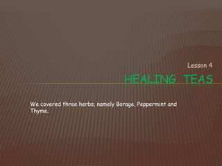 Lesson 4
HEALING TEAS
We covered three herbs, namely Borage, Peppermint and
Thyme.
 