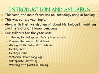 INTRODUCTION AND SYLLABUS
 This year, the main focus was on Herbology used in healing.
 This was quite a vast topic.
 Along with that, we also learnt about Herbologist traditions
and the Victorian Flower Language.
 Our syllabus for the year was:
 Healing Herbology and Safety Precautions
 Chinese Herbologist Traditions
 Aboriginal Herbologist Traditions
 Healing Teas
 Healing Herbs
 Victorian Flower Language
 Puffapods/Harvesting
 Working with plants in Healing.
 