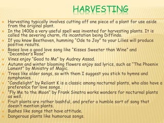 HARVESTING
 Harvesting typically involves cutting off one piece of a plant for use aside
from the original plant.
 In the 1400s a very useful spell was invented for harvesting plants. It is
called the severing charm, its incantation being Diffindo.
 If you know Beethoven, humming “Ode to Joy” to your Lilies will produce
positive results.
 Roses love a good love song like “Kisses Sweeter than Wine” and
“December’s Rose”
 Vines enjoy “Good to Me” by Audrey Assad.
 Autumn and winter blooming flowers enjoy sad lyrics, such as “The Phoenix
Lament” by Ministry of Magic.
 Trees like older songs, so with them I suggest you stick to hymns and
symphonies.
 “Candlelight” by Reliant K is a classic among nocturnal plants, who also have a
preference for love songs.
 “Fly Me to the Moon” by Frank Sinatra works wonders for nocturnal plants
as well.
 Fruit plants are rather bashful, and prefer a humble sort of song that
doesn’t mention plants.
 Bushes like songs that have attitude.
 Dangerous plants like humorous songs.
 