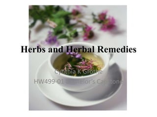 Herbs and Herbal Remedies
Cynthia K Grothe
HW499-01 Bachelor’s Capstone
 