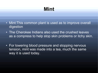 Mint
● Mint:This common plant is used as to improve overall
digestion
● The Cherokee Indians also used the crushed leaves
as a compress to help stop skin problems or itchy skin.
● For lowering blood pressure and stopping nervous
tension, mint was made into a tea, much the same
way it is used today.
 