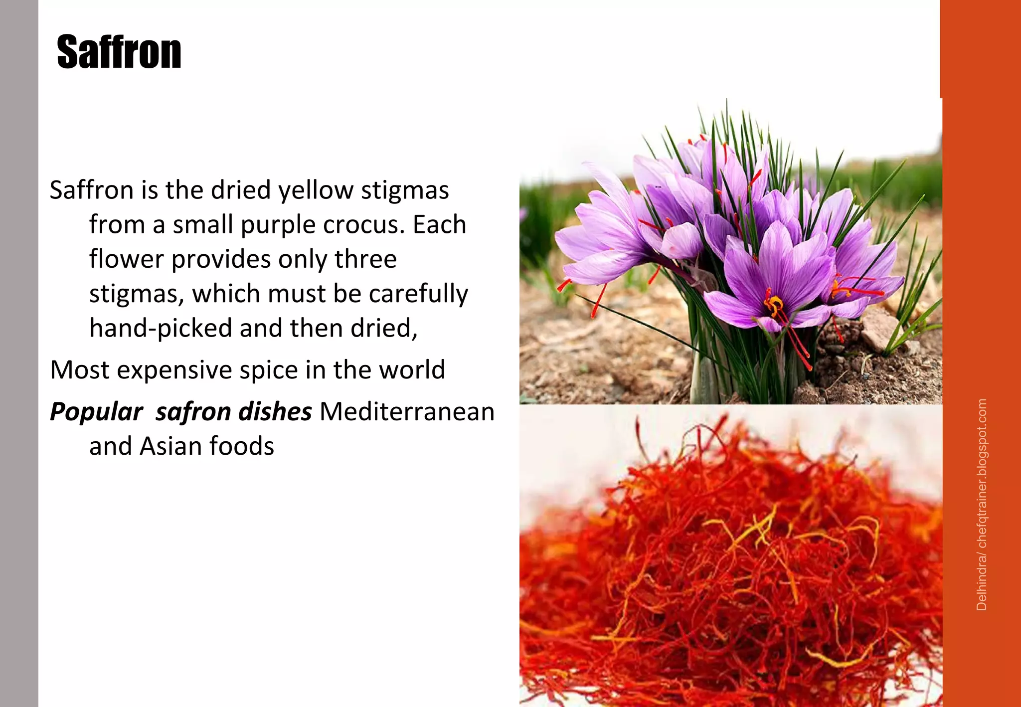 Saffron
Saffron is the dried yellow stigmas
from a small purple crocus. Each
flower provides only three
stigmas, which must be carefully
hand-picked and then dried,
Most expensive spice in the world
Popular safron dishes Mediterranean
and Asian foods
Delhindra/chefqtrainer.blogspot.com
 
