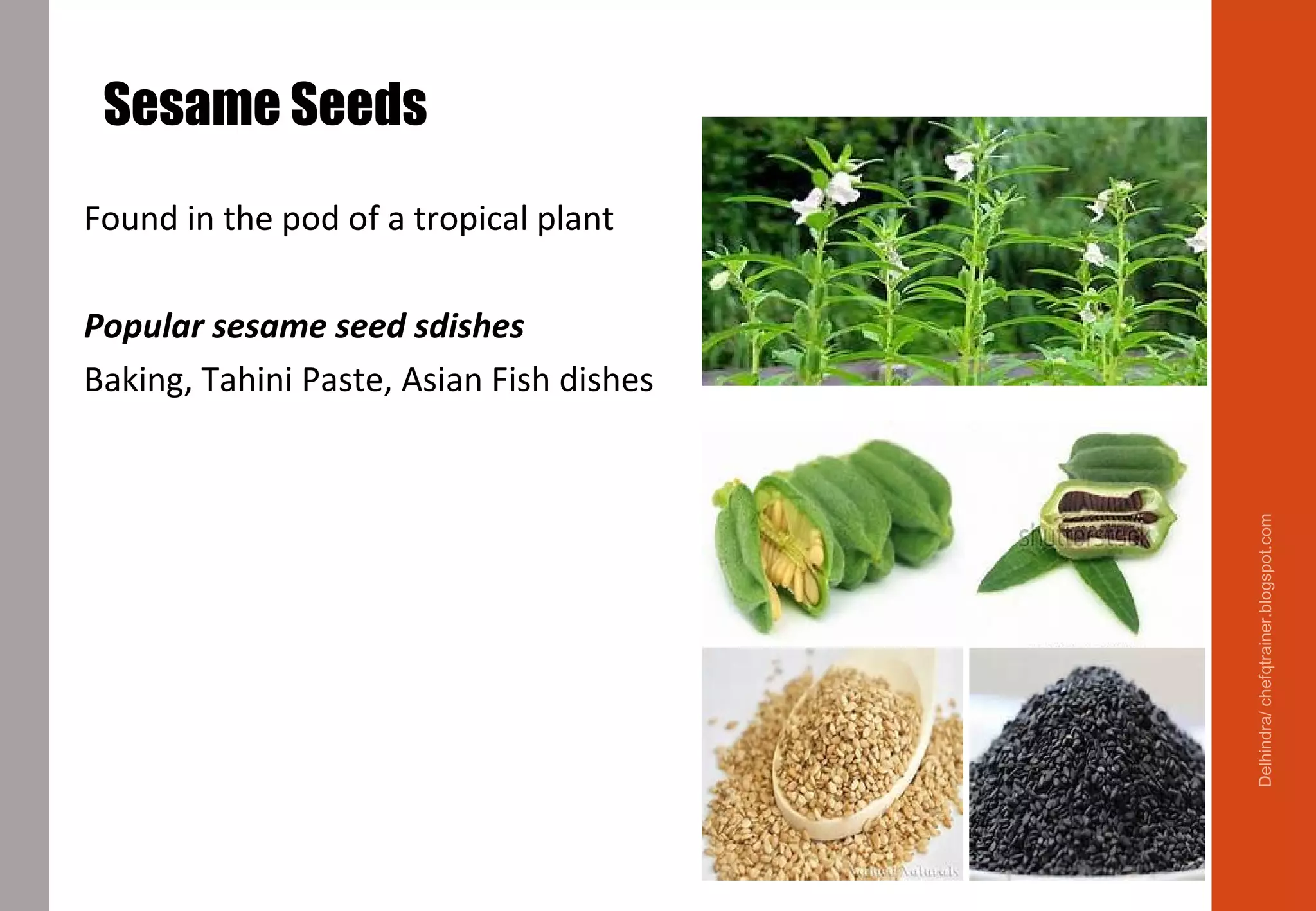 Sesame Seeds
Found in the pod of a tropical plant
Popular sesame seed sdishes
Baking, Tahini Paste, Asian Fish dishes
Delhindra/chefqtrainer.blogspot.com
 