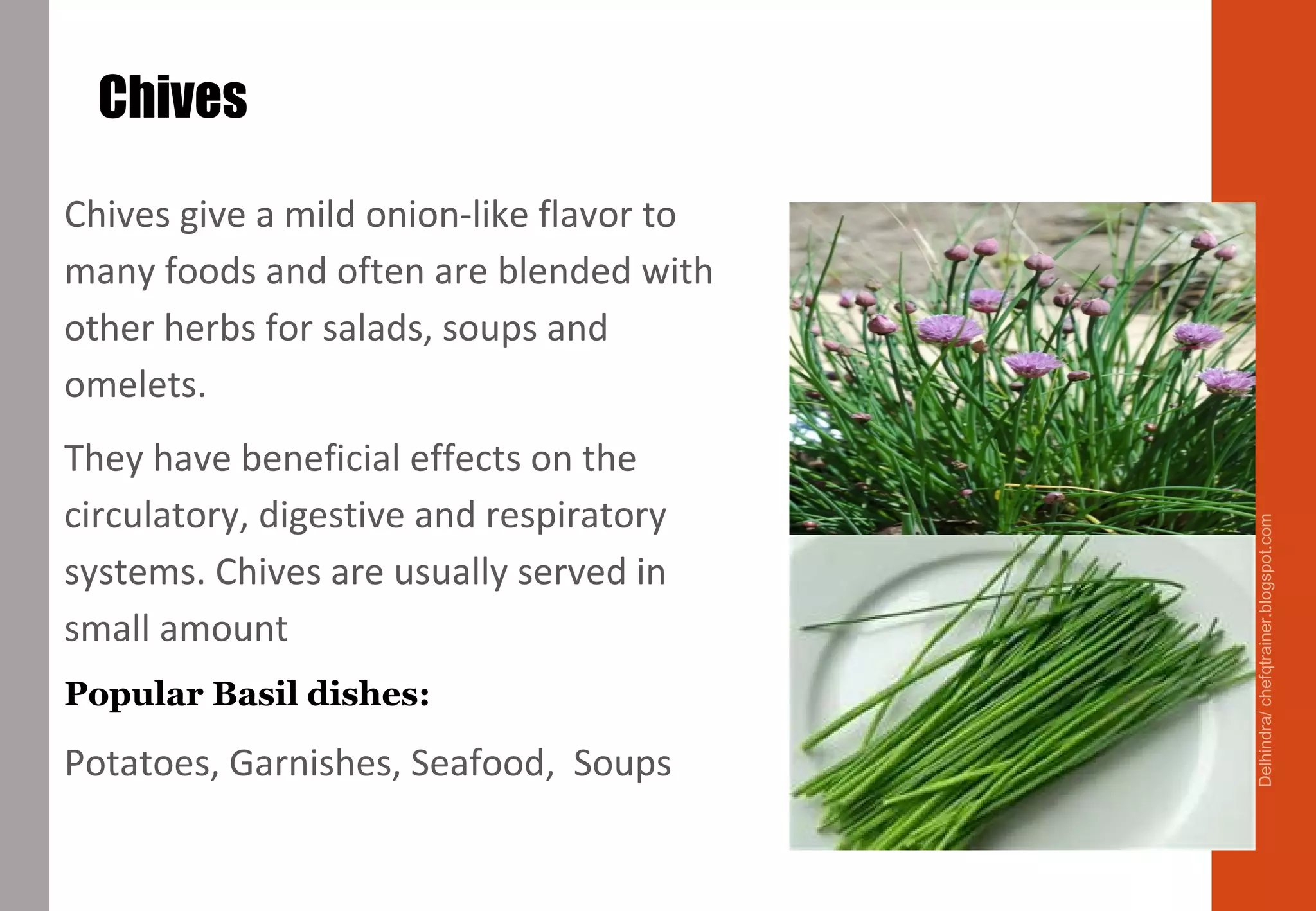 Chives
Chives give a mild onion-like flavor to
many foods and often are blended with
other herbs for salads, soups and
omelets.
They have beneficial effects on the
circulatory, digestive and respiratory
systems. Chives are usually served in
small amount
Popular Basil dishes:
Potatoes, Garnishes, Seafood, Soups
Delhindra/chefqtrainer.blogspot.com
 