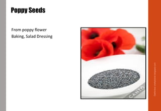Poppy Seeds
From poppy flower
Baking, Salad Dressing
Delhindra/chefqtrainer.blogspot.com
 