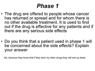 Phase 1 The drug are offered to people whose cancer has returned or spread and for whom there is no other available treatment. It is used to find out if the drug is effective for any patients and if there are any serious side effects Do you think that a patient used in phase 1 will be concerned about the side effects? Explain your answer No, because they know that if they don’t try other drugs they will end up dead, 