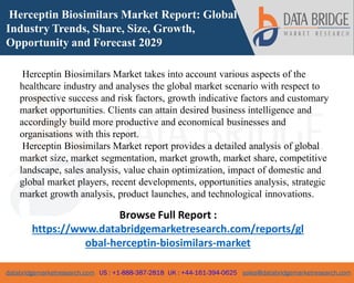 databridgemarketresearch.com US : +1-888-387-2818 UK : +44-161-394-0625 sales@databridgemarketresearch.com
1
Herceptin Biosimilars Market Report: Global
Industry Trends, Share, Size, Growth,
Opportunity and Forecast 2029
Herceptin Biosimilars Market takes into account various aspects of the
healthcare industry and analyses the global market scenario with respect to
prospective success and risk factors, growth indicative factors and customary
market opportunities. Clients can attain desired business intelligence and
accordingly build more productive and economical businesses and
organisations with this report.
Herceptin Biosimilars Market report provides a detailed analysis of global
market size, market segmentation, market growth, market share, competitive
landscape, sales analysis, value chain optimization, impact of domestic and
global market players, recent developments, opportunities analysis, strategic
market growth analysis, product launches, and technological innovations.
Browse Full Report :
https://www.databridgemarketresearch.com/reports/gl
obal-herceptin-biosimilars-market
 