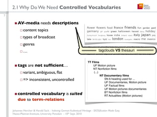 2.1 Why Do We Need Controlled Vocabularies
7

     ■ AV-media needs descriptions
          □ content topics
          □ ty...