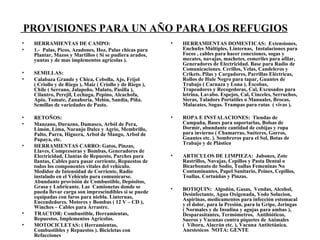 HERRAMIENTAS DE CAMPO:  1.-  Palas, Picos, Azadones, Hoz, Palas chicas para Plantar, Mazos y Martillos ( Si se pudiera arados, yuntas y de mas implementos agrícolas ). SEMILLAS: Calabaza Grande y Chica, Cebolla, Ajo, Frijol ( Criollo y de Riego ), Maíz ( Criollo y de Riego ), Chile ( Serrano, Jalapeño, Mulato, Pasilla ), Cilantro, Perejil, Lechuga, Pepino, Alcachofa, Apio, Tomat e , Zanahoria, Melón, Sandia, Piña. Semillas de variedades de Pasto. RETOÑOS: Manzano, Durazno,  Damasco , Arb ó l de Pera, Limón, Lima, Naranjo Dulce y Agrio, Membrillo,  Palto , Parra, Higuera, Arbol de Mango, Arbol de Papaya , etc. HERRAMIENTAS CARRO: Gatos, Pinzas, Llaves, Compresoras y Bombas, Generadores de Electricidad, Llantas de Repuesto, Parches para llantas, Cables para pasar corriente, Repuestos de todos los componentes vitales del vehículo. Medidor de Intensidad de Corriente, Radio instalado en el Vehículo para comunicarse. Abundante provisión de Combustible, Dep ó sitos, Grasa y Lubricante. Las  Camionetas donde se pueda llevar carga son imprescindibles si se puede equipadas con faros para niebla. Linternas, Encendedores. Motores y Bombas ( 12 V – CD ), Winches – Cables para Arrastre. TRACTOR: Combustible, Herramientas, Repuestos, Implementos Agrícolas. MOTOCICLETAS: ( Herramientas, Combustibles y Repuestos ). Bicicletas con Refacciones PROVISIONES PARA UN AÑO PARA LOS REFUGIOS   HERRAMIENTAS DOMESTICAS:  Extensiones, Enchufes Múltiples, Linternas,  Instalaciones para Focos , cables para hacer conexiones, sogas y mecates, navajas, machetes, esmeriles para afilar, Generadores de Electricidad. Base para Radio de Comunicaciones. Cerillos, Velas, Candeleros y Crikets. Pilas y Cargadores, Parrillas Eléctricas, Rollos de Hule Negro para tapar, Guantes de Trabajo ( Carnaza y Lona ). Escobas, Trapeadores y Recogedoras, Cal, Excusados para letrina, Lavabo. Espejos, Cal, Cinceles, Serruchos, Sieras, Taladors Portatiles o Manuales, Brocas, Malacates, Sogas. Trampas para ratas  ( vivas ). ROPA E INSTALACIONES:  Tiendas de Campaña, Bases para soportarlas, Bolsas de Dormir, abundante cantidad de cobijas y ropa para invierno ( Chamarras, Suéteres, Gorros, Guantes etc. ). Sombreros para el Sol, Botas de Trabajo y de Plástico ARTICULOS DE LIMPIEZA:  Jabones, Zote Rastrillos, Navajas, Cepillos y Pasta Dental o Bicarbonato de Sodio, Toallas Femeninas No Contaminantes, Papel Sanitario, Peines, Cepillos, Toallas. Cortaúñas y Pinzas.  BOTIQUIN:  Algodón, Gasas,  Vendas, Alcohol, Desinfectante, Agua Oxigenada, Yodo Solucion, Aspirinas, medicamentos para infección estomacal y el dolor, para la Presión, para la Gripe, Jeringas ( Normales y de Insulina y agujas para ambas ), Desparasitantes, Termómetros,  Antibióticos, Sueros y Vacunas contra piquetes de Animales (  Víbora, Alacrán etc. ), Vacuna Antitetánica. Anestesicos  NOTA: GENTE  