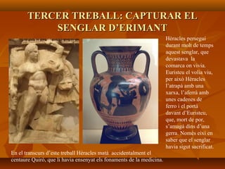 TERCER TREBALL: CAPTURAR ELTERCER TREBALL: CAPTURAR EL
SENGLAR D’ERIMANTSENGLAR D’ERIMANT
Hèracles perseguí
durant molt de temps
aquest senglar, que
devastava la
comarca on vivia.
Euristeu el volia viu,
per això Hèracles
l’atrapà amb una
xarxa, l’aferrà amb
unes cadenes de
ferro i el portà
davant d’Euristeu,
que, mort de por,
s’amagà dins d’una
gerra. Només eixí en
saber que el senglar
havia sigut sacrificat.
En el transcurs d’este treball Hèracles matà accidentalment el
centaure Quiró, que li havia ensenyat els fonaments de la medicina.
 