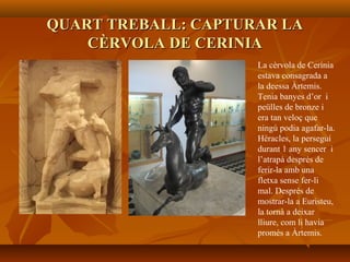 QUART TREBALL: CAPTURAR LAQUART TREBALL: CAPTURAR LA
CÈRVOLA DE CERINIACÈRVOLA DE CERINIA
La cèrvola de Cerínia
estava consagrada a
la deessa Àrtemis.
Tenia banyes d’or i
peülles de bronze i
era tan veloç que
ningú podia agafar-la.
Hèracles, la perseguí
durant 1 any sencer i
l’atrapà després de
ferir-la amb una
fletxa sense fer-li
mal. Després de
mostrar-la a Euristeu,
la tornà a deixar
lliure, com li havia
promés a Àrtemis.
 