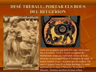 DESÉ TREBALL: PORTAR ELS BOUSDESÉ TREBALL: PORTAR ELS BOUS
DEL REI GERÍONDEL REI GERÍON
Gerió era un gegant que tenia tres caps i tres cossos
fins a la cintura. Vivia a la part occidental del
Mediterrani i tenia uns esplèndids ramats de bous.
Hèracles va aconseguir furtar-li’ls després de matar el
mateix Geríon, el gos i el pastor que els cuidava. Pel
camí el gegant Cacus li va furtar dos bous. Va morir
apallissat per la maça d’Hèracles. En arribar a
Micenes, Euristeu sacrificà els bous a Hera.
 