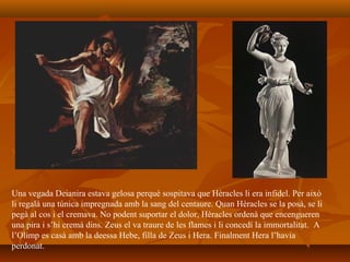 Una vegada Deianira estava gelosa perquè sospitava que Hèracles li era infidel. Per això
li regalà una túnica impregnada amb la sang del centaure. Quan Hèracles se la posà, se li
pegà al cos i el cremava. No podent suportar el dolor, Hèracles ordenà que encengueren
una pira i s’hi cremà dins. Zeus el va traure de les flames i li concedí la immortalitat. A
l’Olimp es casà amb la deessa Hebe, filla de Zeus i Hera. Finalment Hera l’havia
perdonat.
 